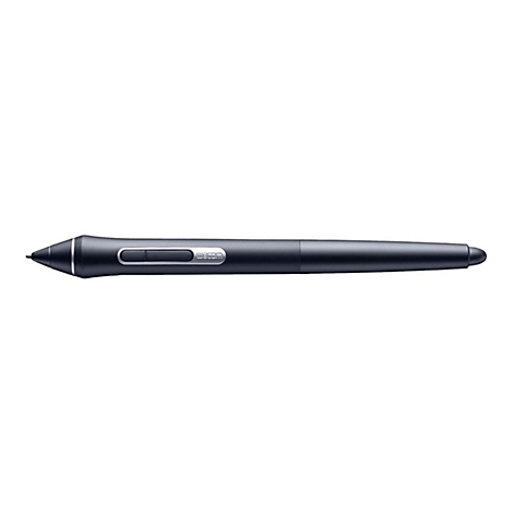 Ein schwarzer Wacom Stift vor weißem Hintergrund. Der Stift hat zwei Knöpfe, die Aufschrift „wacom“ und eine Spitze.