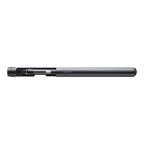 Ein grauer Wacom-Stift und seine HÃ¼lle liegen waagerecht auf weiÃŸem Grund.