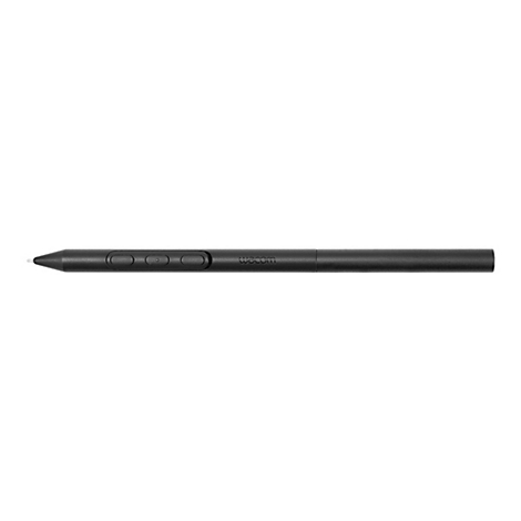 Schwarzer Stift mit Knöpfen und Wacom-Logo. Spitze und zwei Tasten.