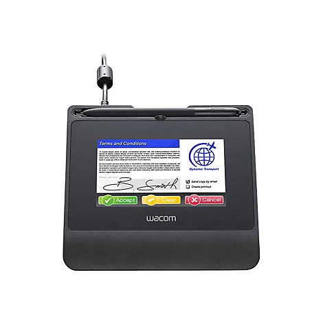 Schwarzes Wacom-Tablet mit Stift. Vertragsdokument auf dem Bildschirm. Akzeptieren-, Löschen- und Abbrechen-Buttons.