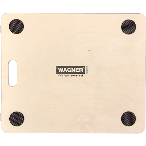 Rechthoekige houten plaat met afgeronde hoeken, handvatgat, vier rubberen voetjes en Wagner-logo.