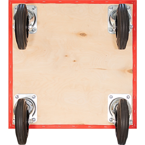 Bovenaanzicht van een houten paneel met vier zwarte wielen in de hoeken, omgeven door een rode rand.