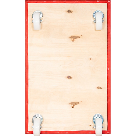 Houten plank met rode rand en wielen op de hoeken.