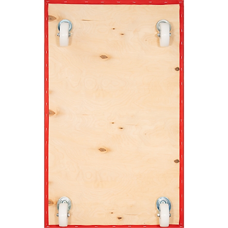 Rechthoekige houten plaat met rode randen en wielen op de hoeken.