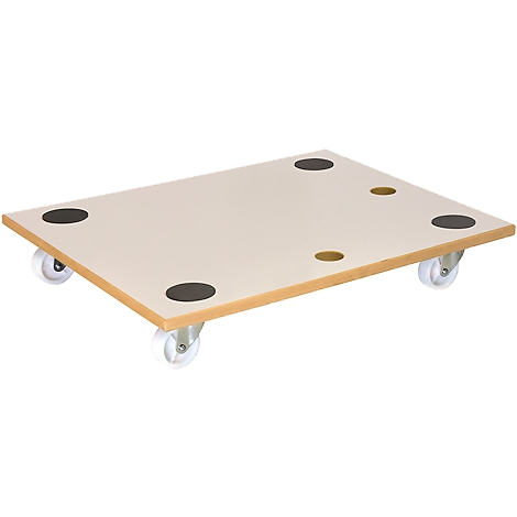 A rectangular transport plate with wheels, light brown, with black non-slip dots. On a light gray background.