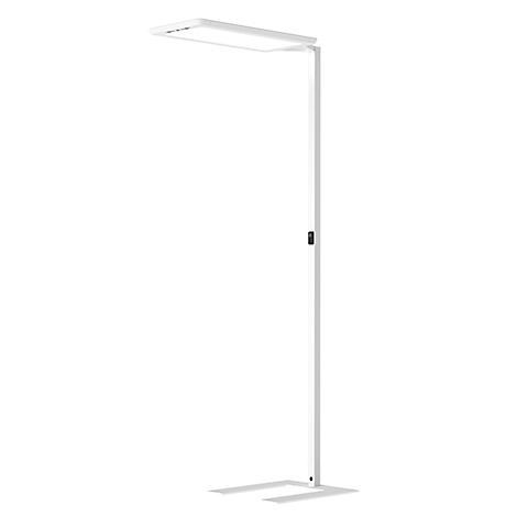 Witte staande lamp met rechthoekige lampkop, lange kolom en vierkante voet.