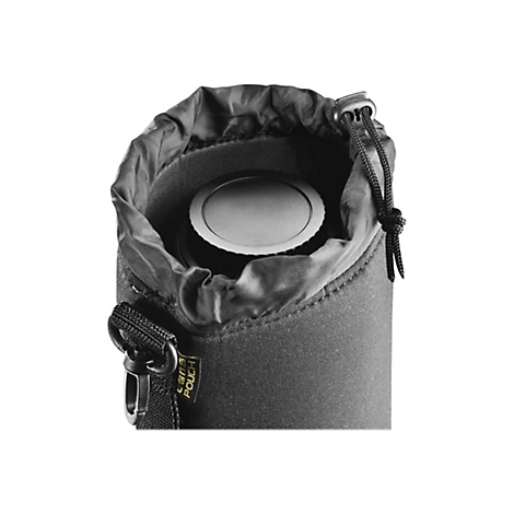 Schwarze Objektivtasche aus Neopren mit Kordelzug und aufgesticktem Schriftzug Lens Pouch.