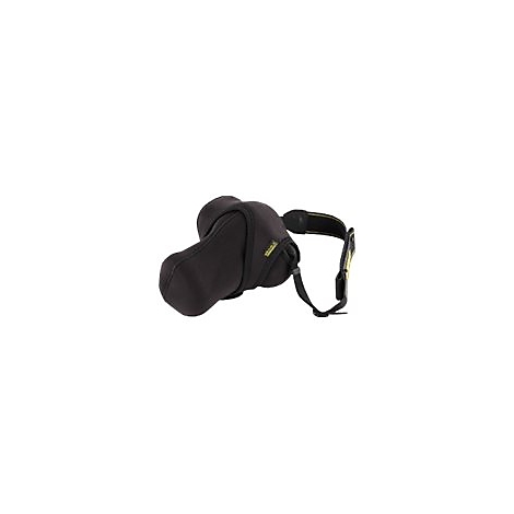 Schwarze Neopren-Kameratasche für eine Spiegelreflexkamera mit Trageriemen vor weißem Hintergrund.