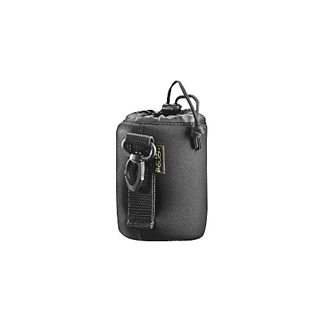 Schwarze, zylindrische Schutztasche mit Kordelzug und Karabinerhaken vor weißem Hintergrund.