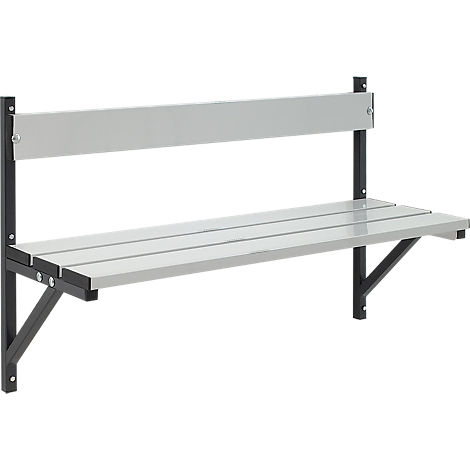 A gray wall-mounted bench with a black frame. The seat is made of several wooden slats and has a backrest.