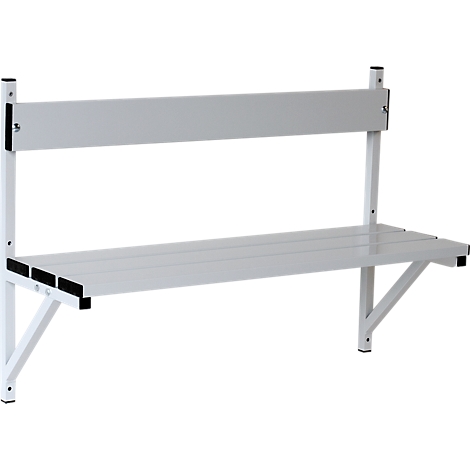 White wall-mounted bench with back and seat. The bench is fixed to the wall and has a simple, modern aesthetic.