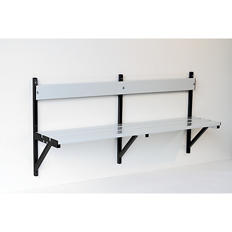 Gray wall bench with backrest, black mount. Mounted on the white wall.