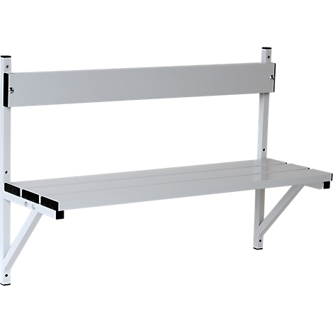 A wall-mounted bench made of white painted metal, with a backrest and seat made of horizontal slats.