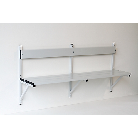 Metal wall-mounted folding bench.