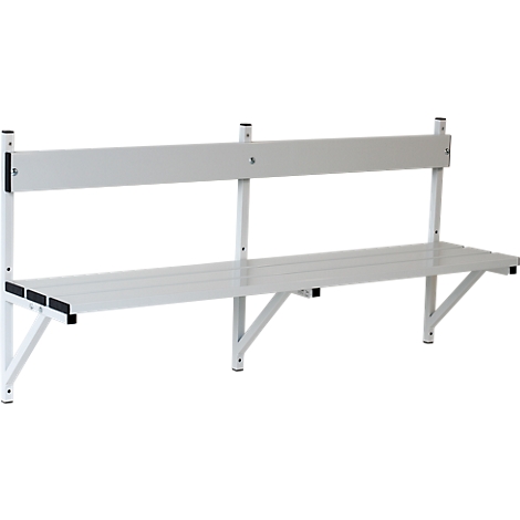 A white wall-mounted bench with a backrest, made of aluminum or a similar material. The bench is attached to the wall.