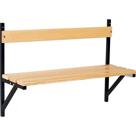 Wooden wall bench with black metal frame. The seat and backrest are made of wooden slats.