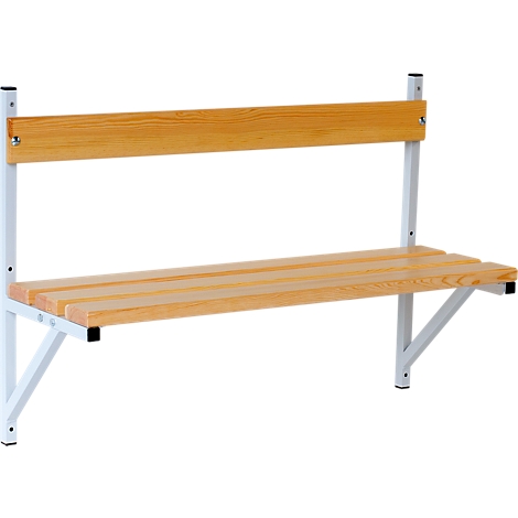 Wooden wall bench with backrest and white metal frame.