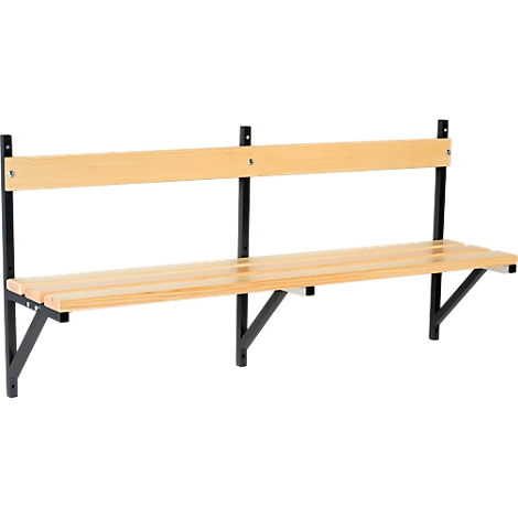 Wooden bench with backrest. Black bracket, attached to the wall. Wooden slats for seat and back.