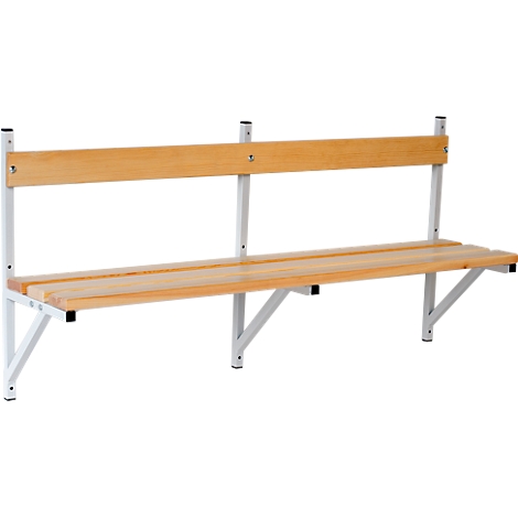 Wooden bench with backrest and metal supports. The bench is depicted against a neutral background.