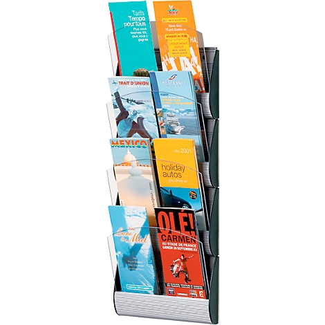A multi-section brochure holder filled with various brochures and flyers. Colors range from blue and yellow to red.
