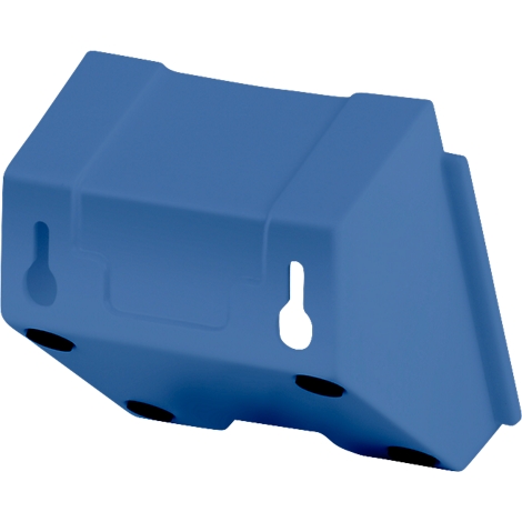 Blue, trapezoidal wall mount with two hanging holes and black feet.