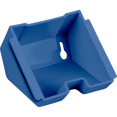Blue, angled wall mount with hanging hole.