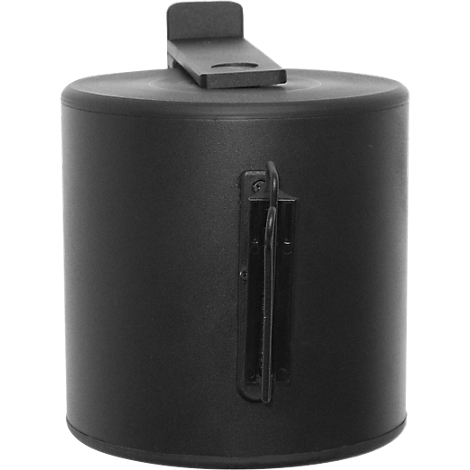 Black cylindrical container with flip lid and handle.