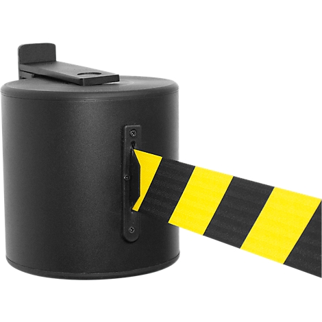 Black barrier with yellow and black stripes. A part of it is attached in a black housing.