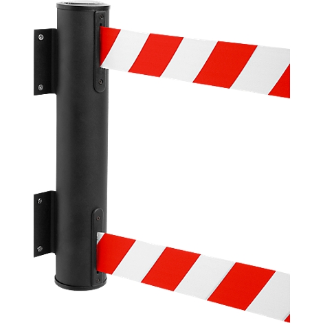 Black post with red and white striped barrier tape, defining an empty space.