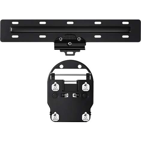 Black TV wall mount. On top an elongated bracket with holes, below an oval plate.