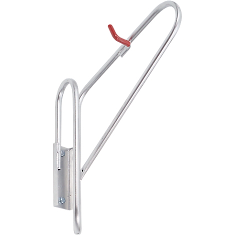 Metal railing with red hook. Mounted on a wall.