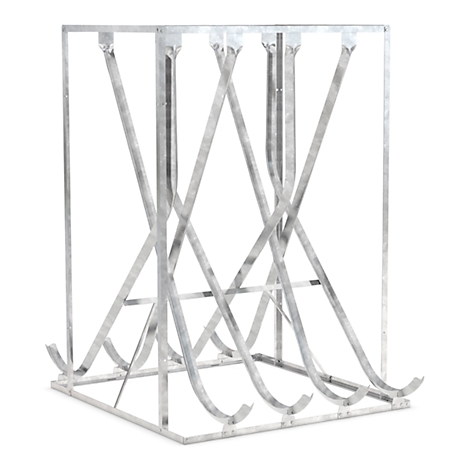 Metal wine rack with a square base. Vertical posts, diagonal braces, and curved shelves.