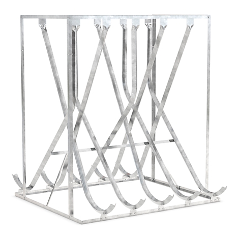 Metal frame with crisscrossing struts. Silver-colored, freestanding, clear structure.