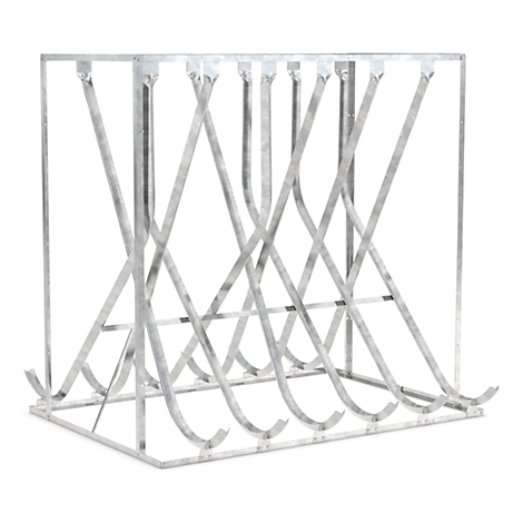 Metal wine rack with curved supports on a white background.