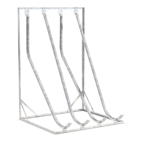 Gray metal structure designed to store items such as bicycle tires. It consists of a rectangular frame and rounded bars.