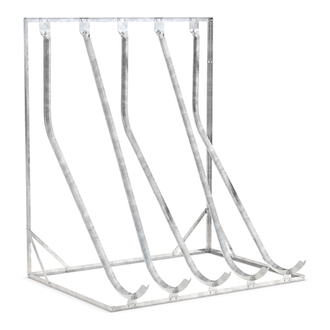 A silver bike rack with four curved supports. It stands against a white background.