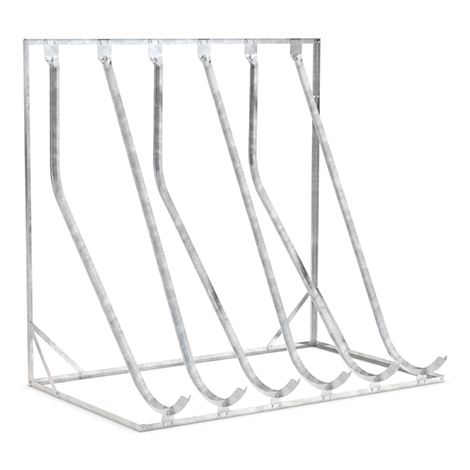 Metal magazine rack with five compartments, silver colored, with rounded edges.