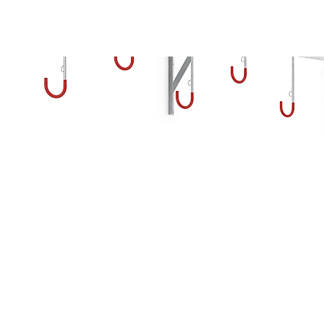 Close-up of ceiling hooks with red hooks. The background is white.