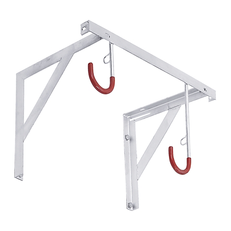 Metal bike rack with two red hooks. The background is white.