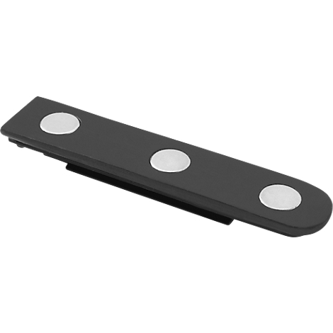 Black, elongated component with three round, silver elements.