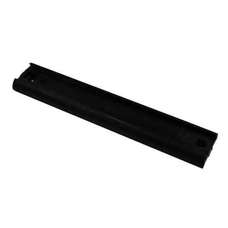 Black, elongated plastic part with a groove. A hole can be seen at one end.