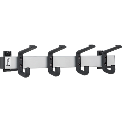 Wall-mounted coat rack with four black hooks on a silver bar. A logo is on the left end.