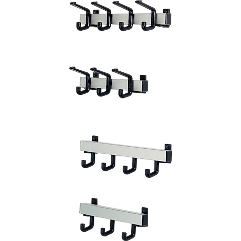 Coat racks in different sizes. Silver mounting with black hooks.