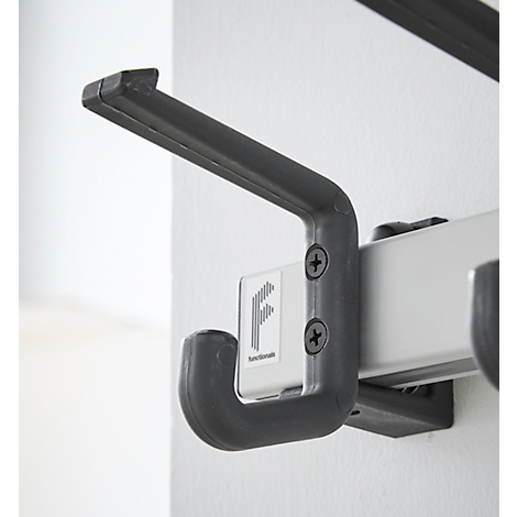 Close-up of a grey hook attached to a rail on the wall. The hook features the "functionale" logo.