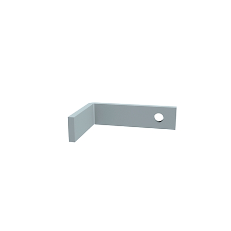 An L-shaped metal part in light gray, with a hole in one of the arms.