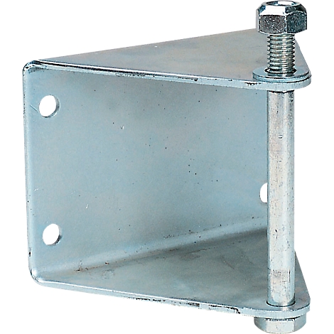 A metal angle connector with screw and nuts. Three holes on the sides and the corners are rounded.