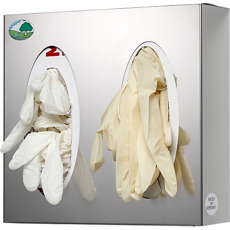 Stainless steel glove dispenser with two compartments, filled with gloves. Imprint: Made in Germany.