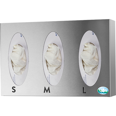 Stainless steel glove dispenser with three openings for glove sizes S, M and L.