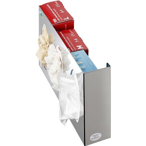 Stainless steel dispenser for gloves and tissues. Two boxes of gloves are on top, a compartment for tissues below.