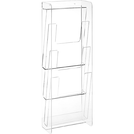 Transparent acrylic brochure holder with multiple compartments for brochures and flyers.